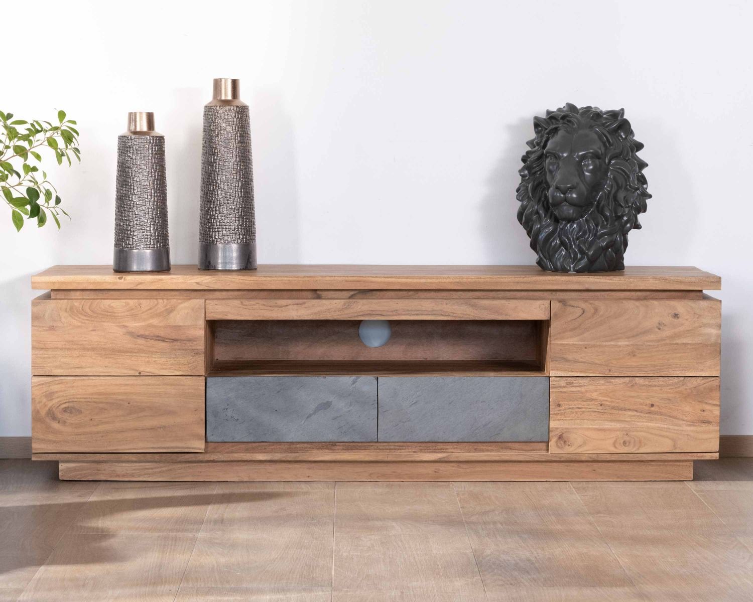 Meuble télé 175cm en acacia avec tiroirs façade placage pierre et bande LED "Paguera"