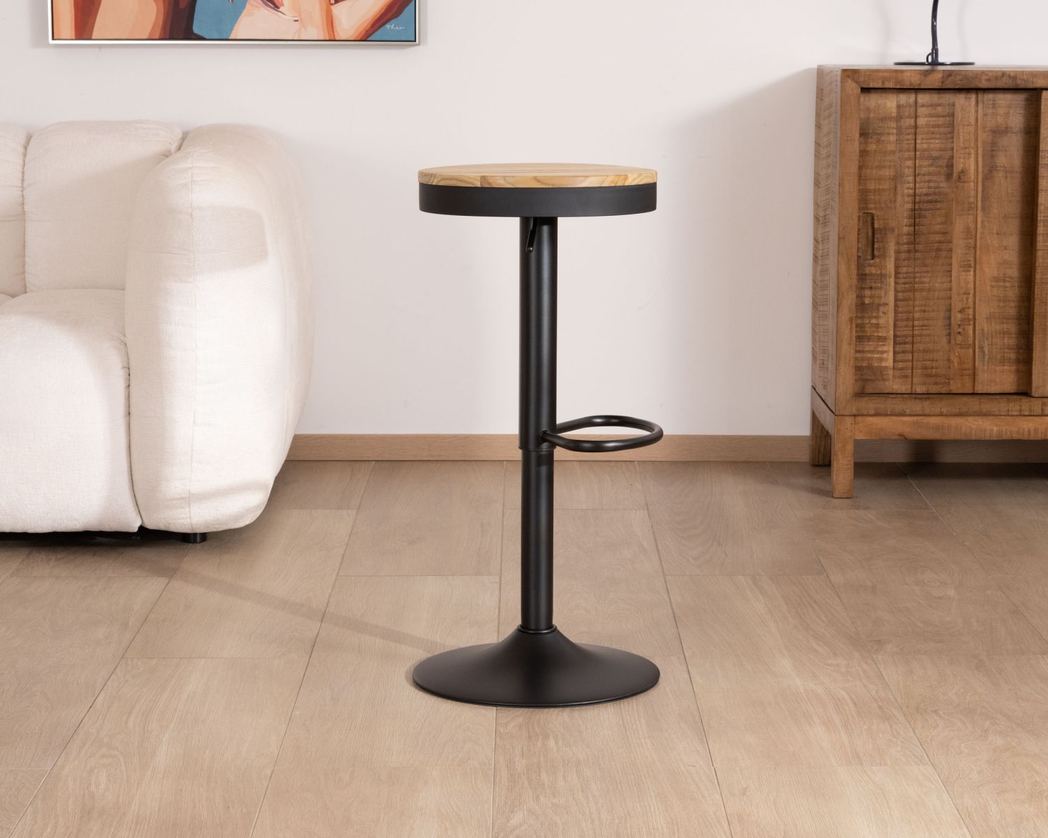 Lot de 2 tabourets réglables en hauteur avec assise bois "Juo" en métal noir