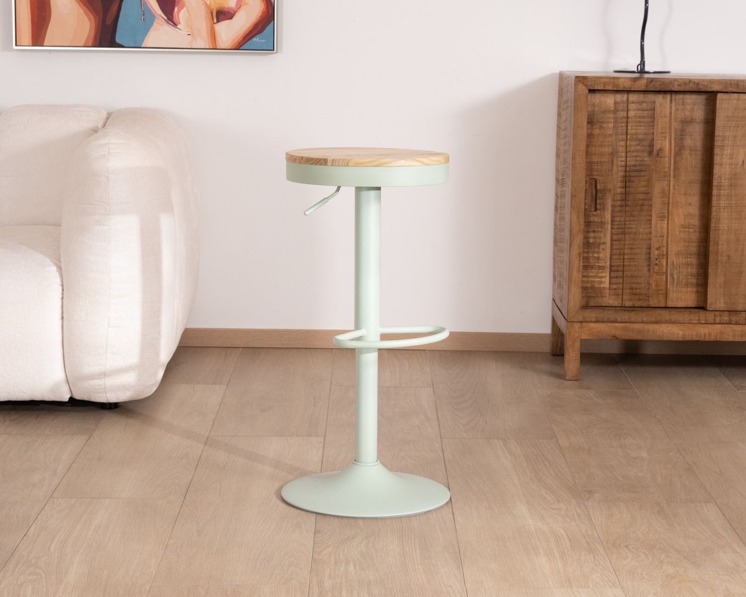 Lot de 2 tabourets réglables avec assise bois "Juo" en métal vert acidulé