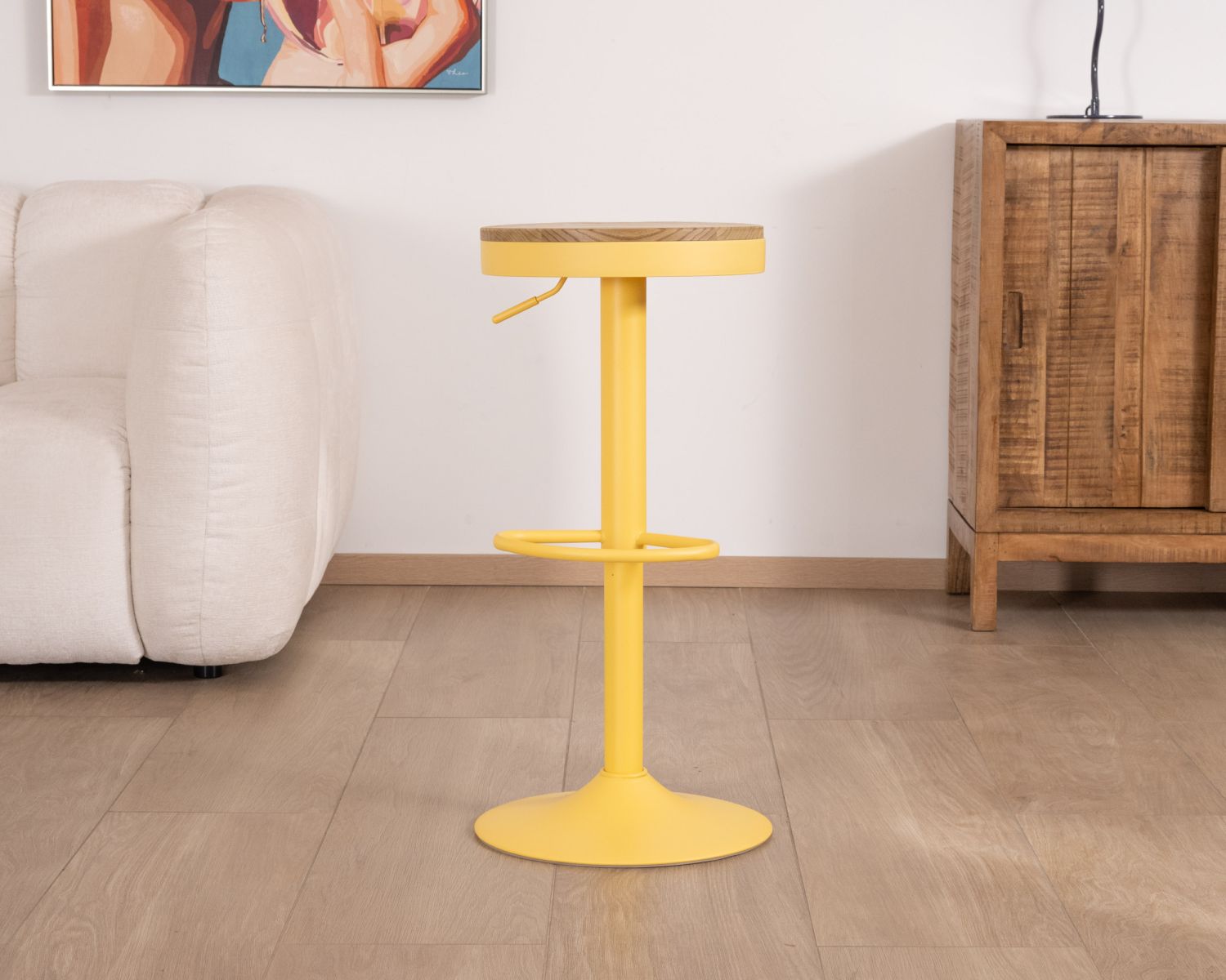 Lot de 2 tabourets en métal jaune acidulé avec assise bois "Juo" hauteur réglable
