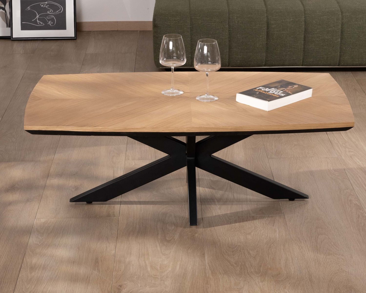 Table basse plateau placage chêne clair pied étoile métal noir "Toledo"