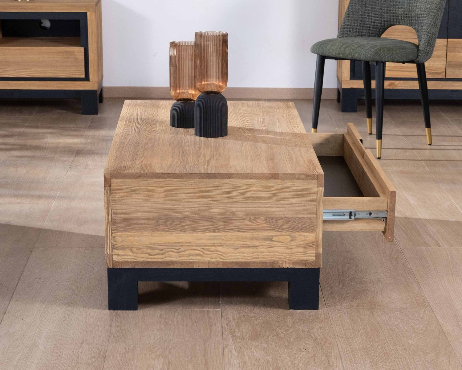 Table de salon 1 tiroir contemporaine pin brossé motif et pieds noirs "Cubo"