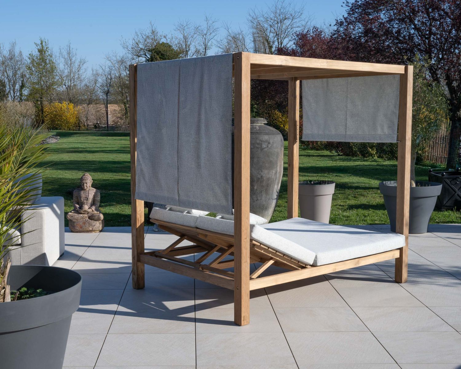 Lit de jardin en teck et tissu spécial extérieur gris clair "Eclipse"