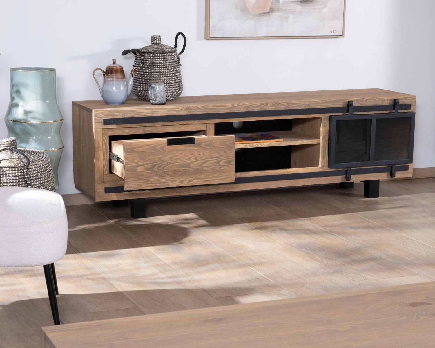 Grand banc tv contemporain en pin brossé 