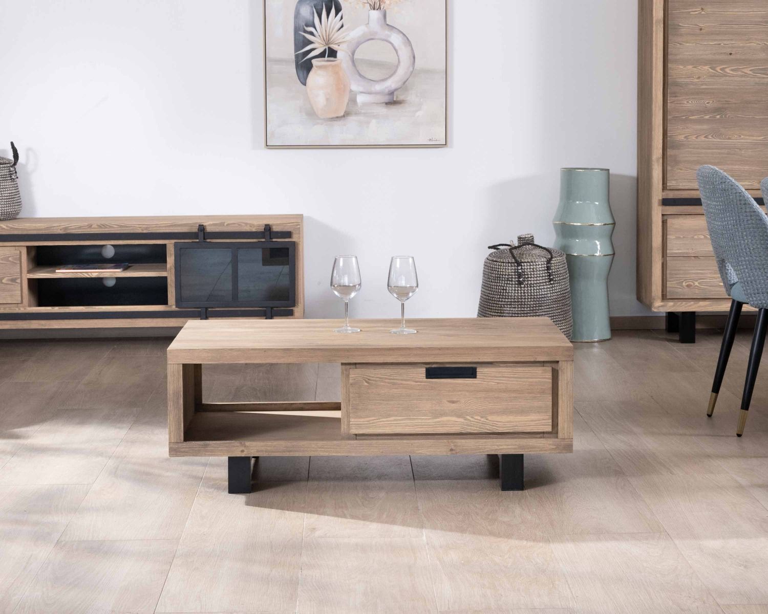 Table de salon 110 cm avec tiroir en pin brossé et métal "Tolf"