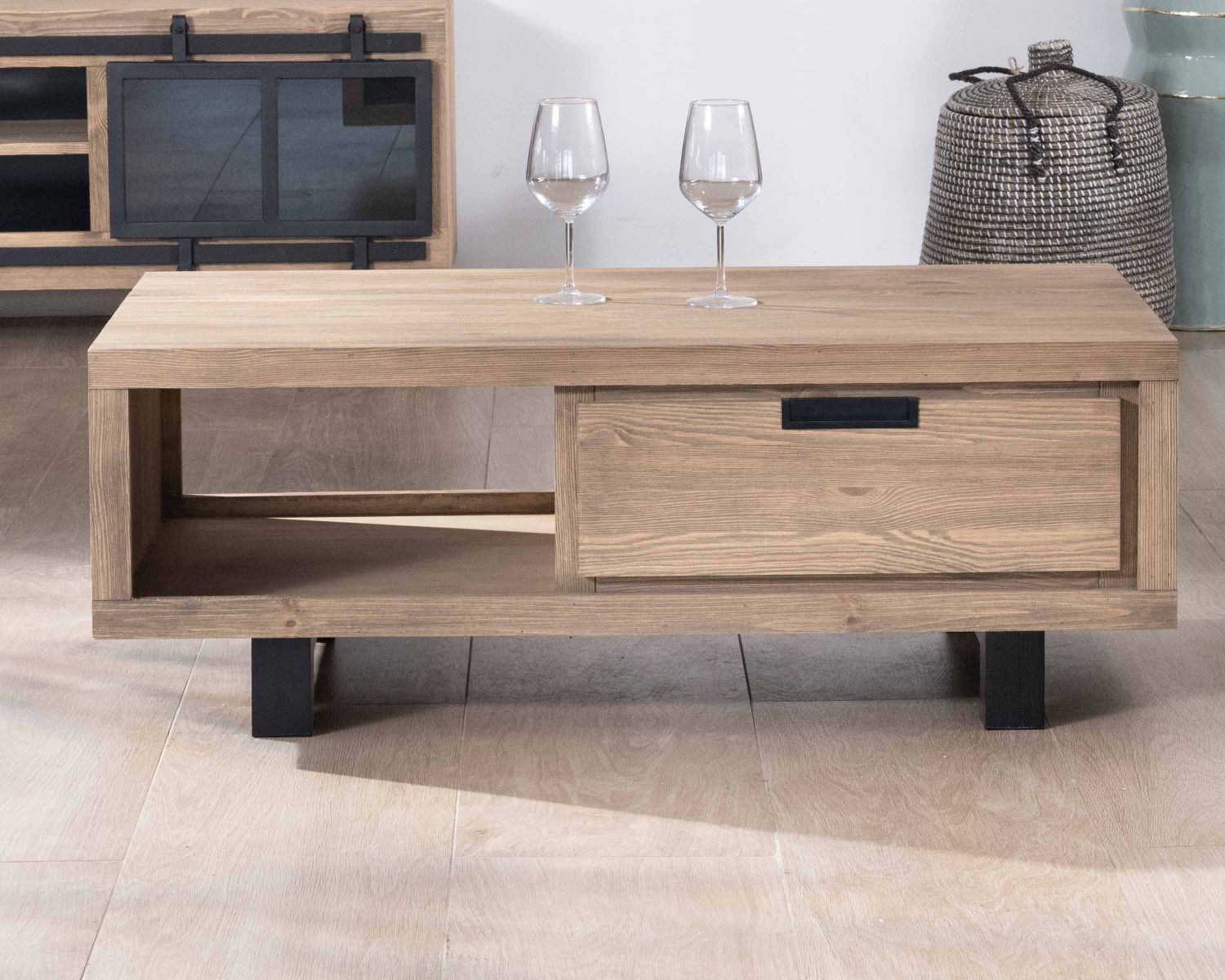 Table de salon 110 cm avec tiroir en pin brossé et métal "Tolf"