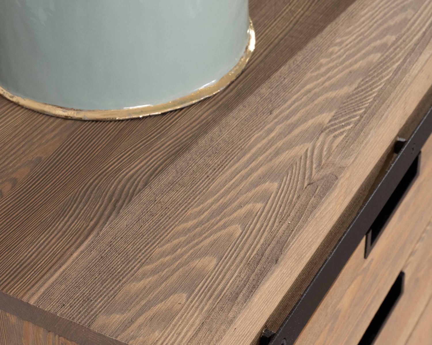 Bahut en pin massif brossé 200 cm avec porte coulissante en verre fumé "Tolf"