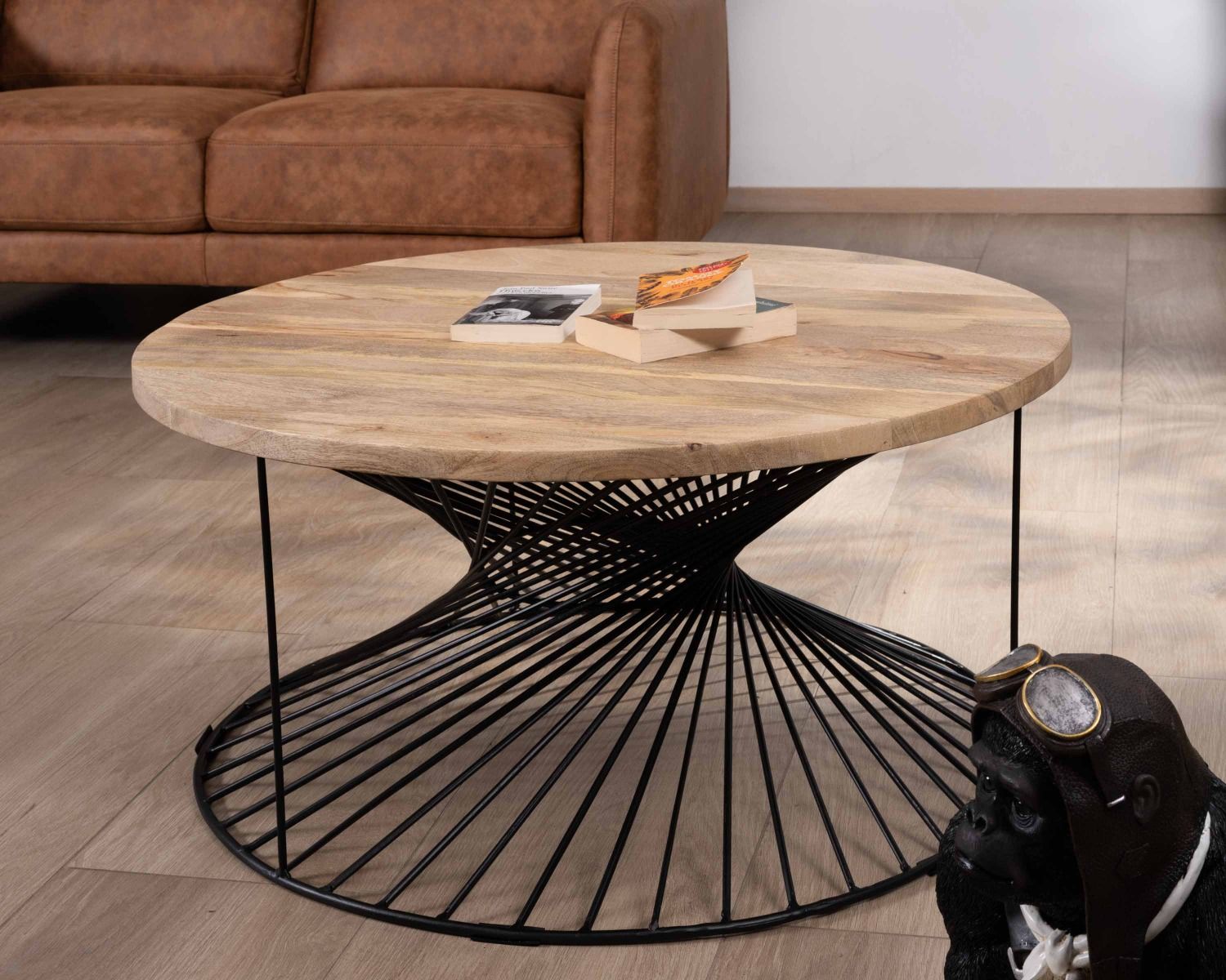 Table de salon ronde en manguier pied métal torsadé "Twist"
