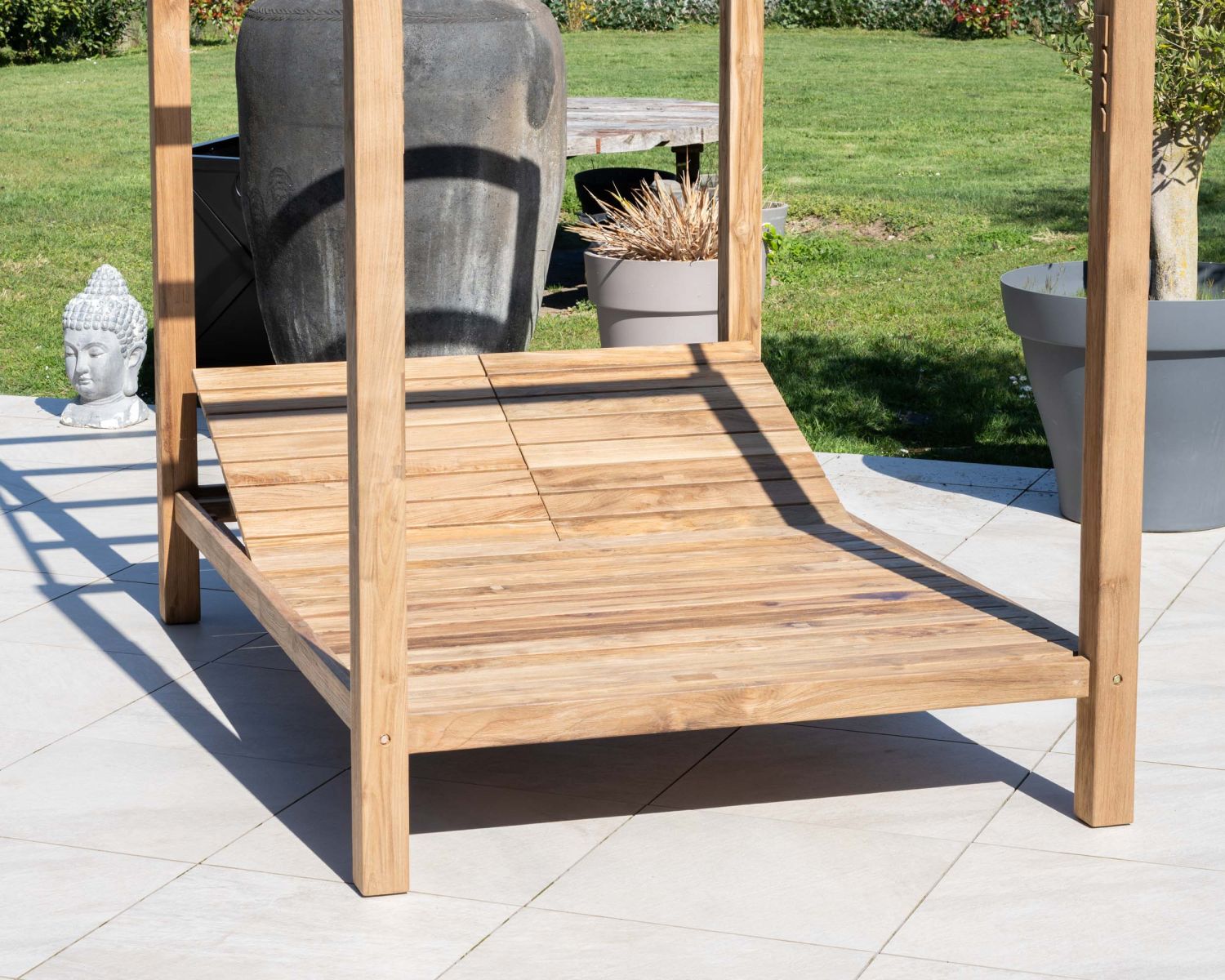 Lit de jardin en teck et tissu spécial extérieur gris clair "Eclipse"