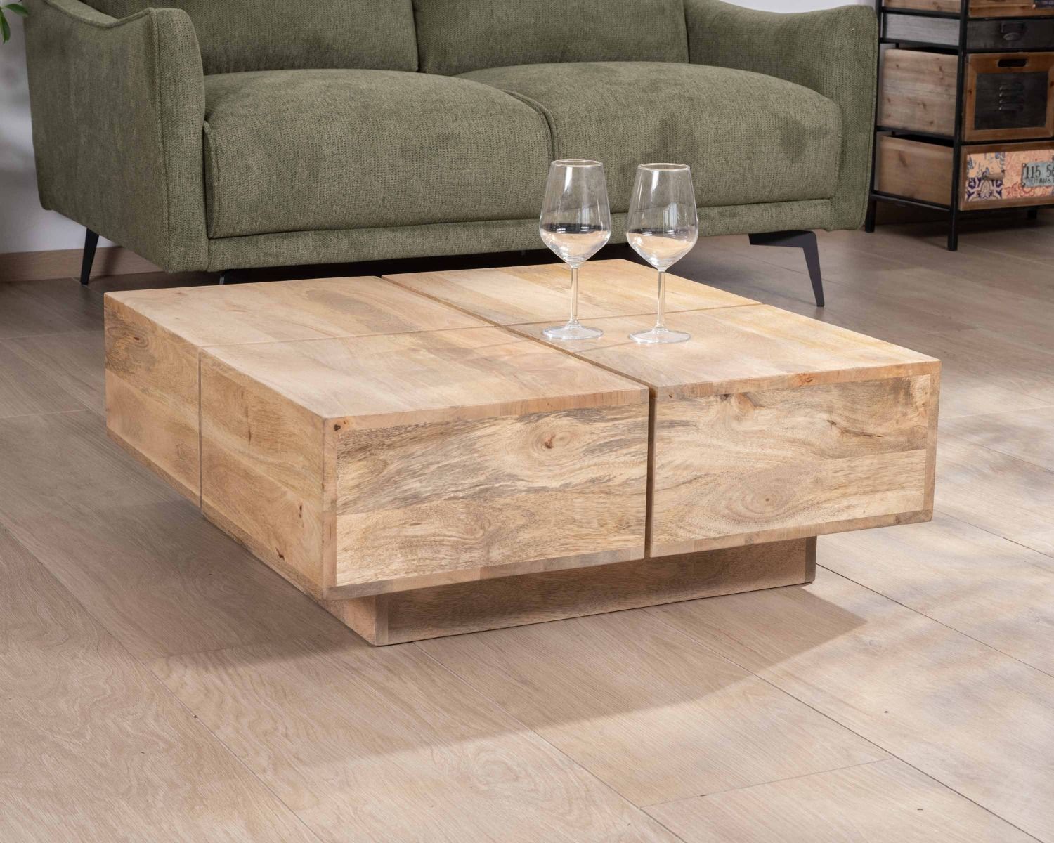 Table basse carrée style contemporain en bois massif naturel "Pablo"