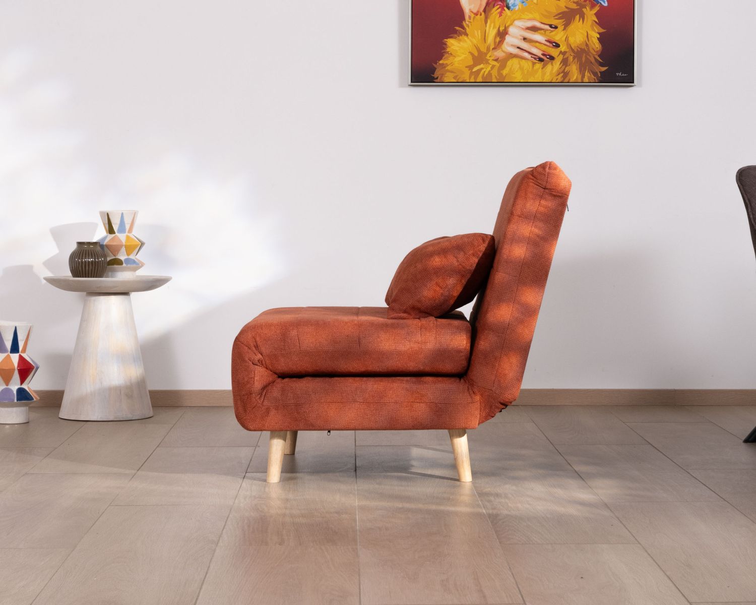 Fauteuil design scandinave en tissu terracotta "Folda" convertible en lit d'appoint