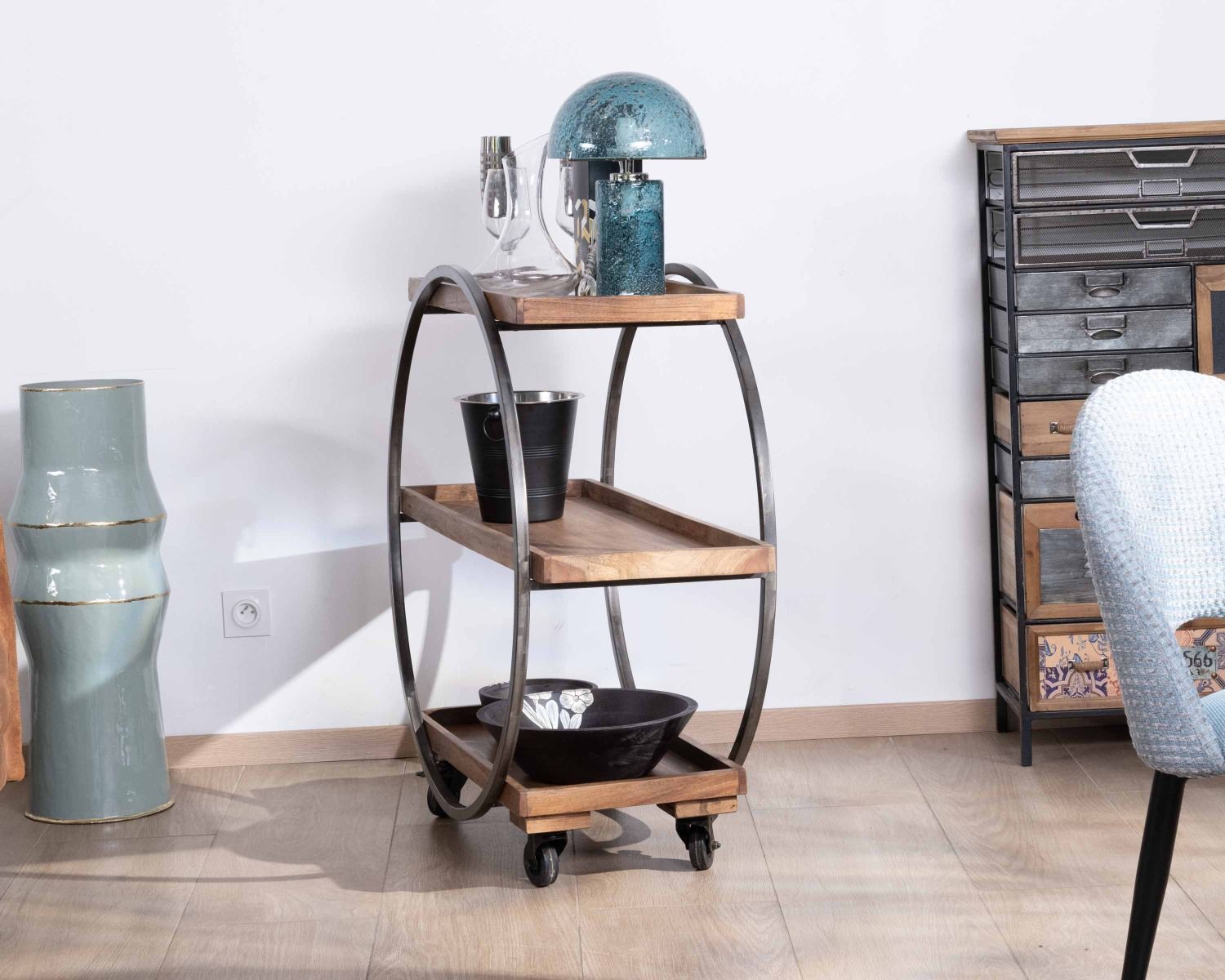 Desserte 3 niveaux acacia et métal noir antique "Benck"