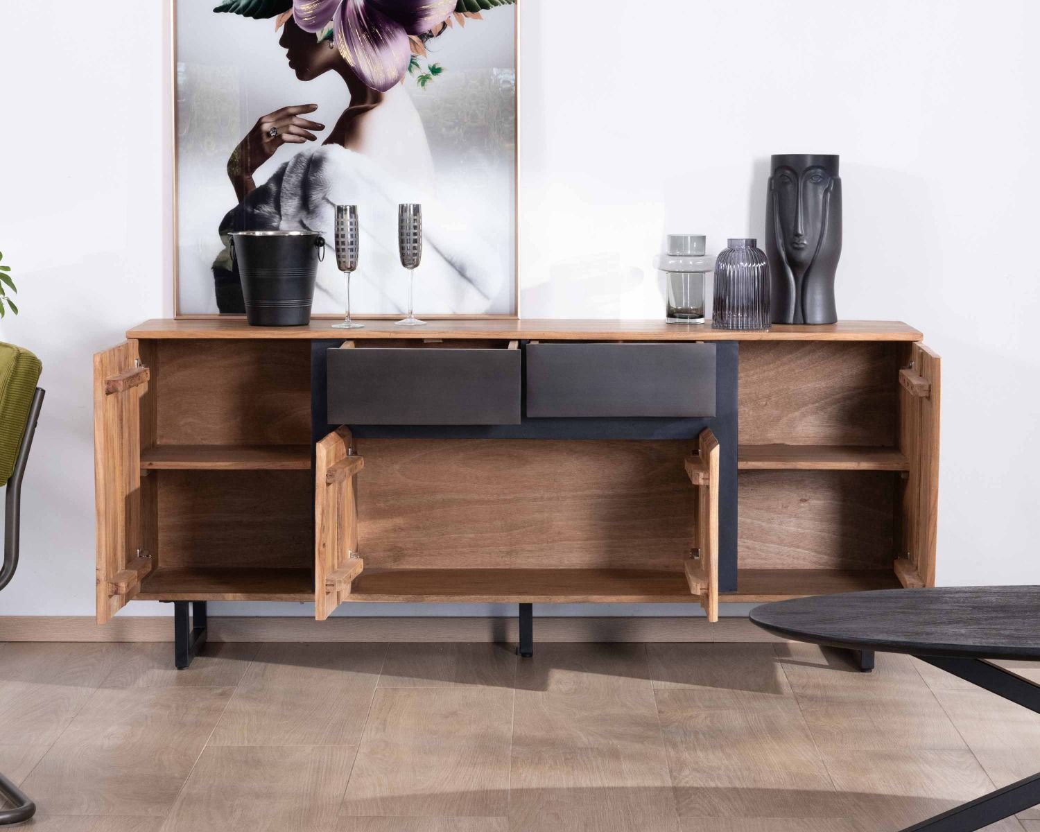 Enfilade 175cm en acacia avec 2 tiroirs et pieds métal noirs "Bennett"