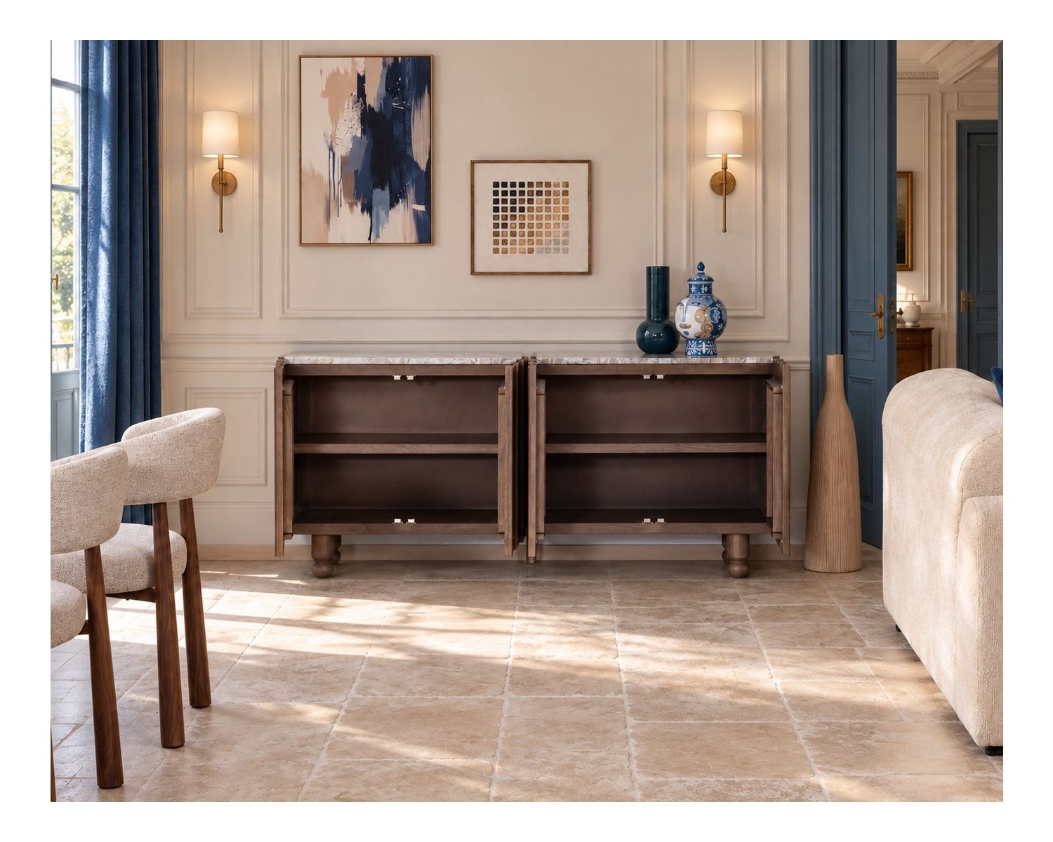 Enfilade 4 portes en manguier massif et marbre beige veiné "Manon" à façades cannelées