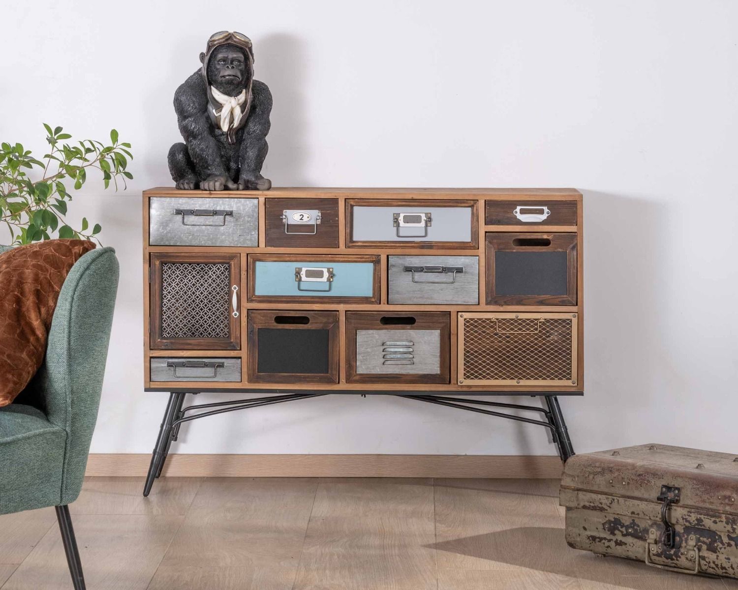 Petite commode déco 11 tiroirs avec façades multi-matériaux "Mélimélo Indus"