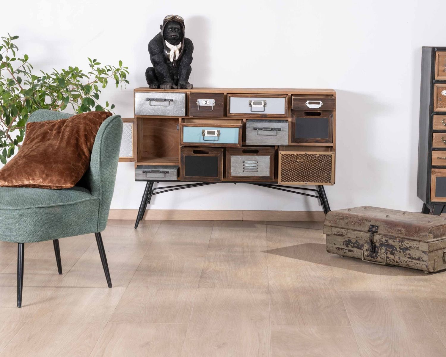 Petite commode déco 11 tiroirs avec façades multi-matériaux "Mélimélo Indus"