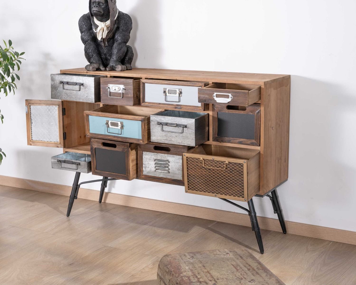 Petite commode déco 11 tiroirs avec façades multi-matériaux "Mélimélo Indus"