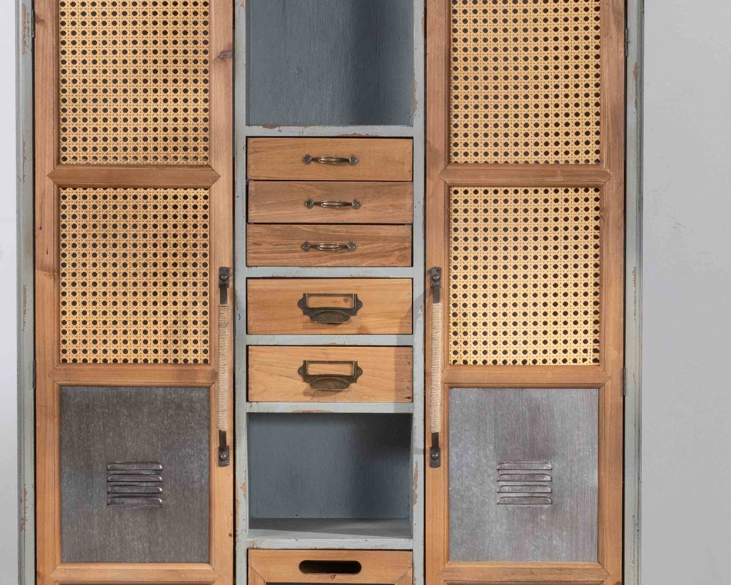 Buffet à tiroirs déco en sapin et imitation rotin "Mélimélo Indus"