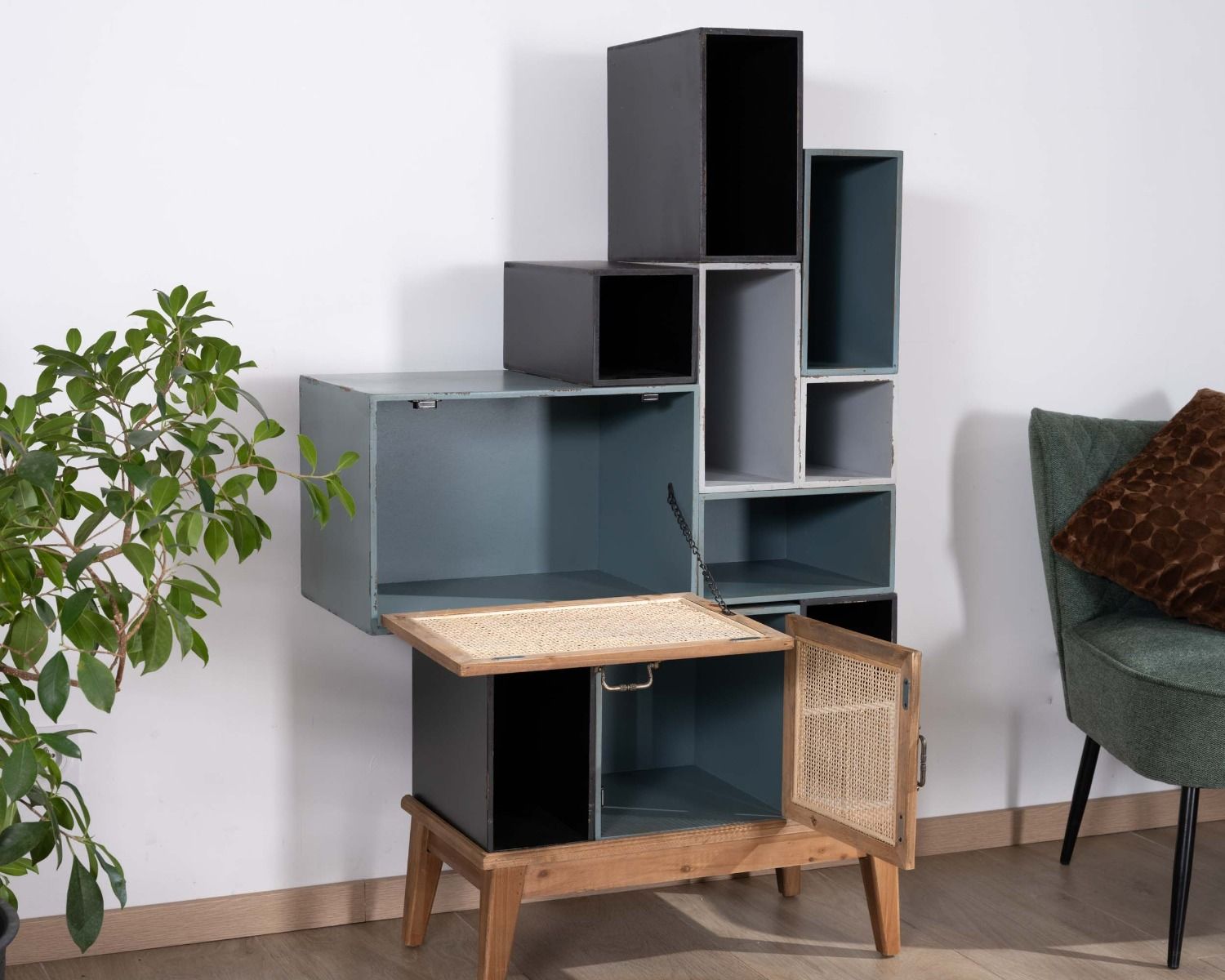 Meuble de rangement avec caissons modulaires en sapin et rotin "Mélimélo Indus"