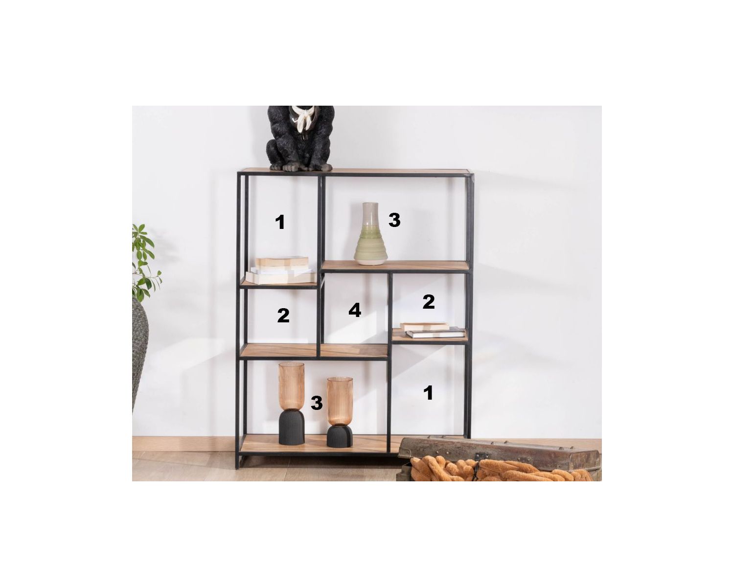 Grande étagère carrée design épuré en acacia et métal noir "Urban Metal"