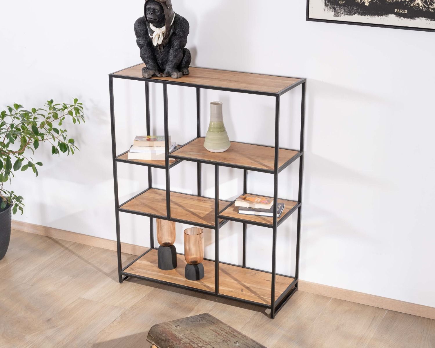Grande étagère carrée design épuré en acacia et métal noir "Urban Metal"