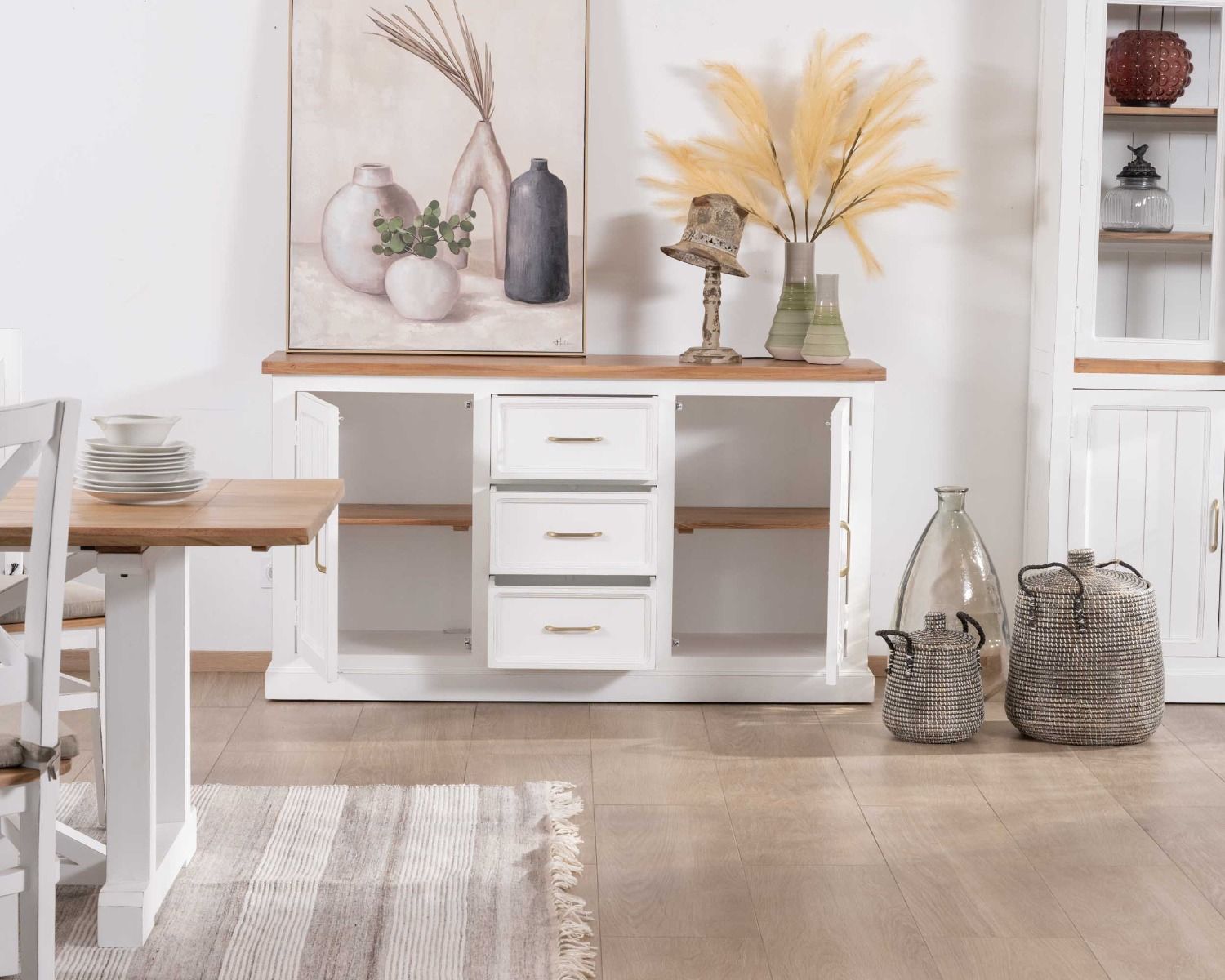 Buffet en acacia blanc 165cm et plateau naturel "Trégastel"