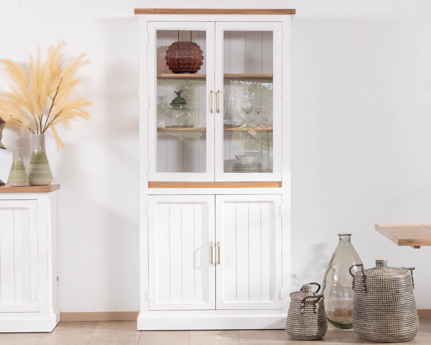 Petit vaisselier blanc en acacia avec portes vitrées "Trégastel"