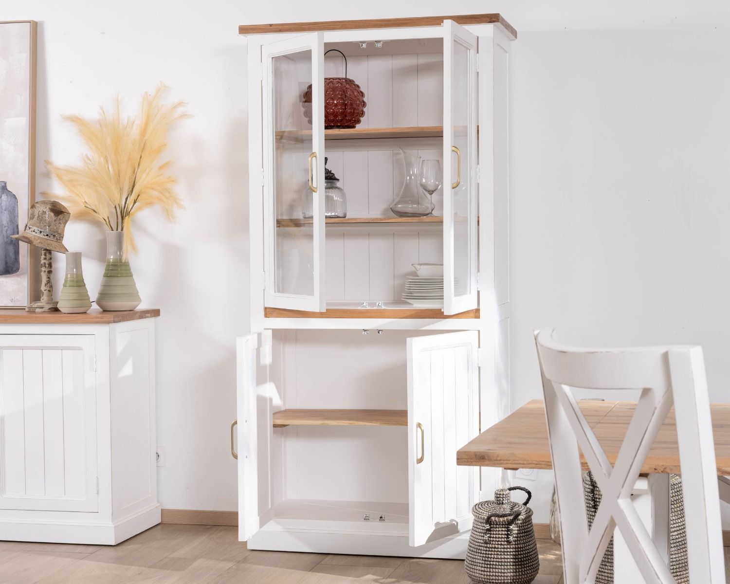 Petit vaisselier blanc en acacia avec portes vitrées "Trégastel"