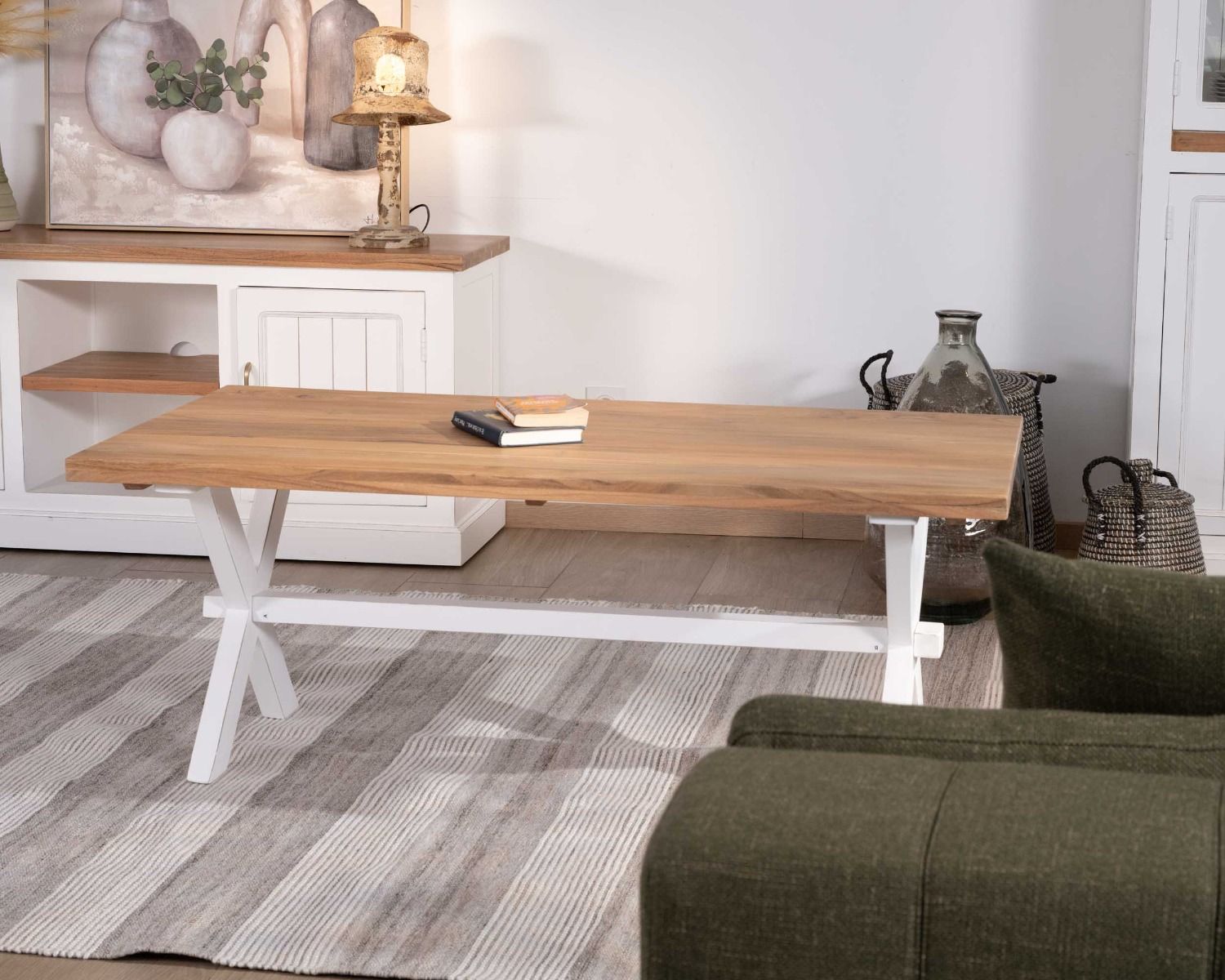 Table de salon rectangulaire en acacia et pied blanc style champêtre "Trégastel"