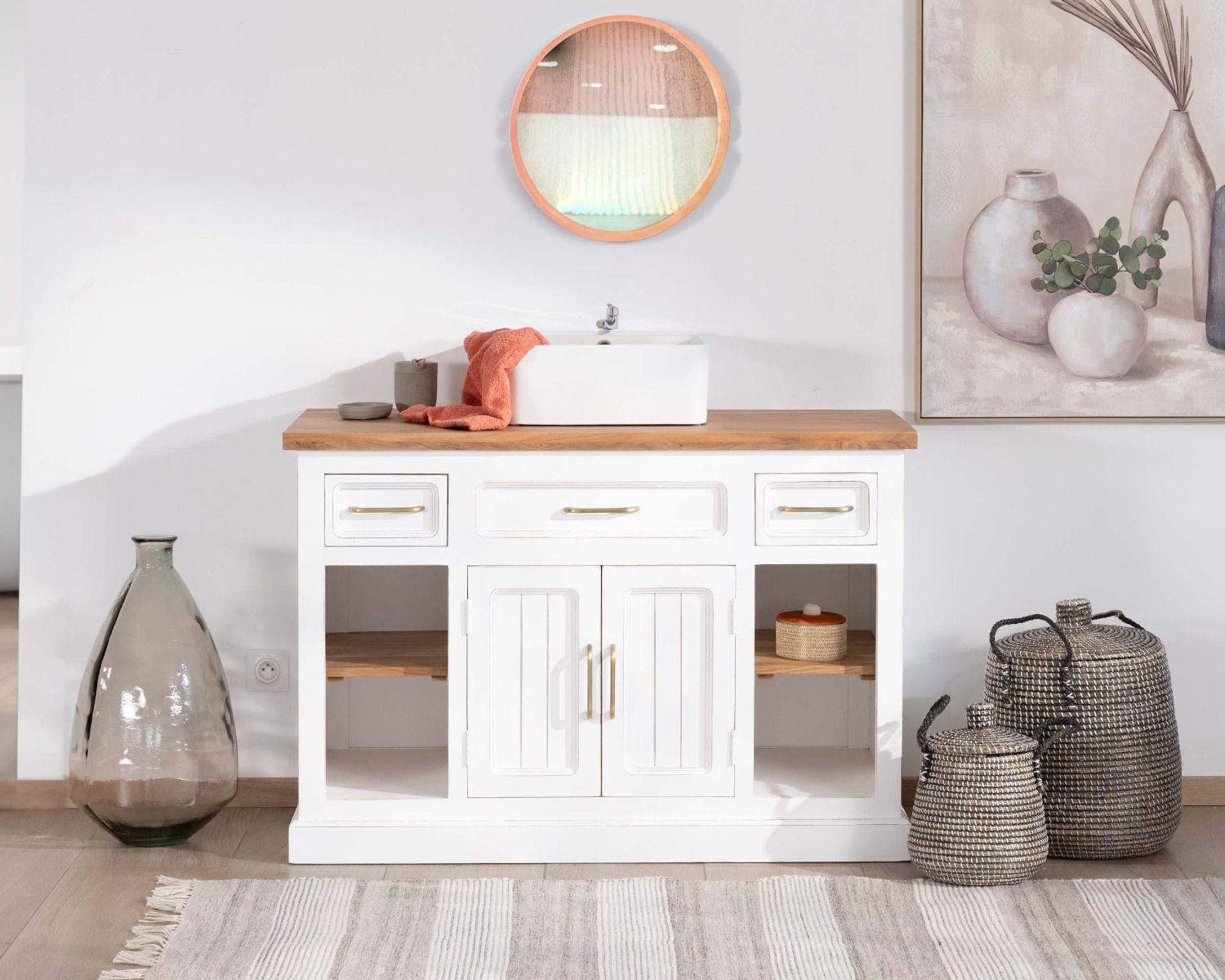 Meuble avec vasque simple en acacia blanc "Trégastel" 120 cm