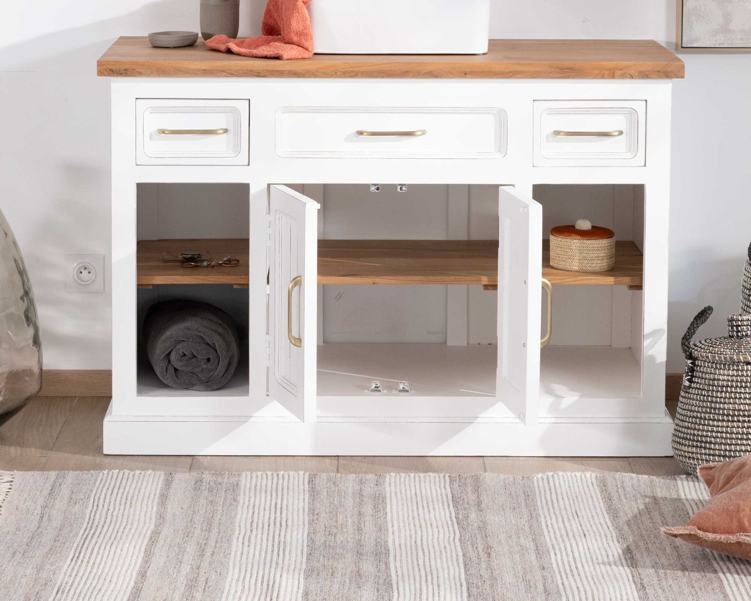 Meuble avec vasque simple en acacia blanc "Trégastel" 120 cm