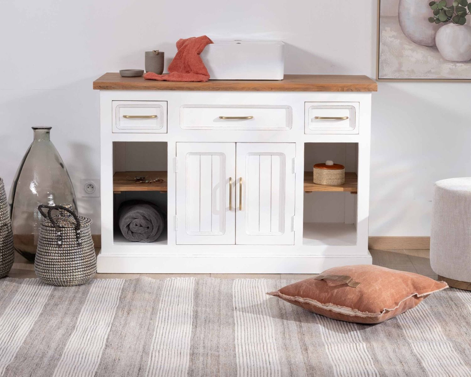 Meuble avec vasque simple en acacia blanc "Trégastel" 120 cm