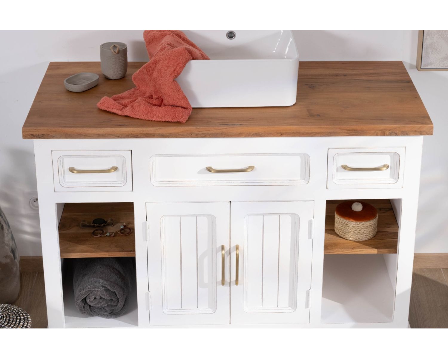 Meuble avec vasque simple en acacia blanc "Trégastel" 120 cm