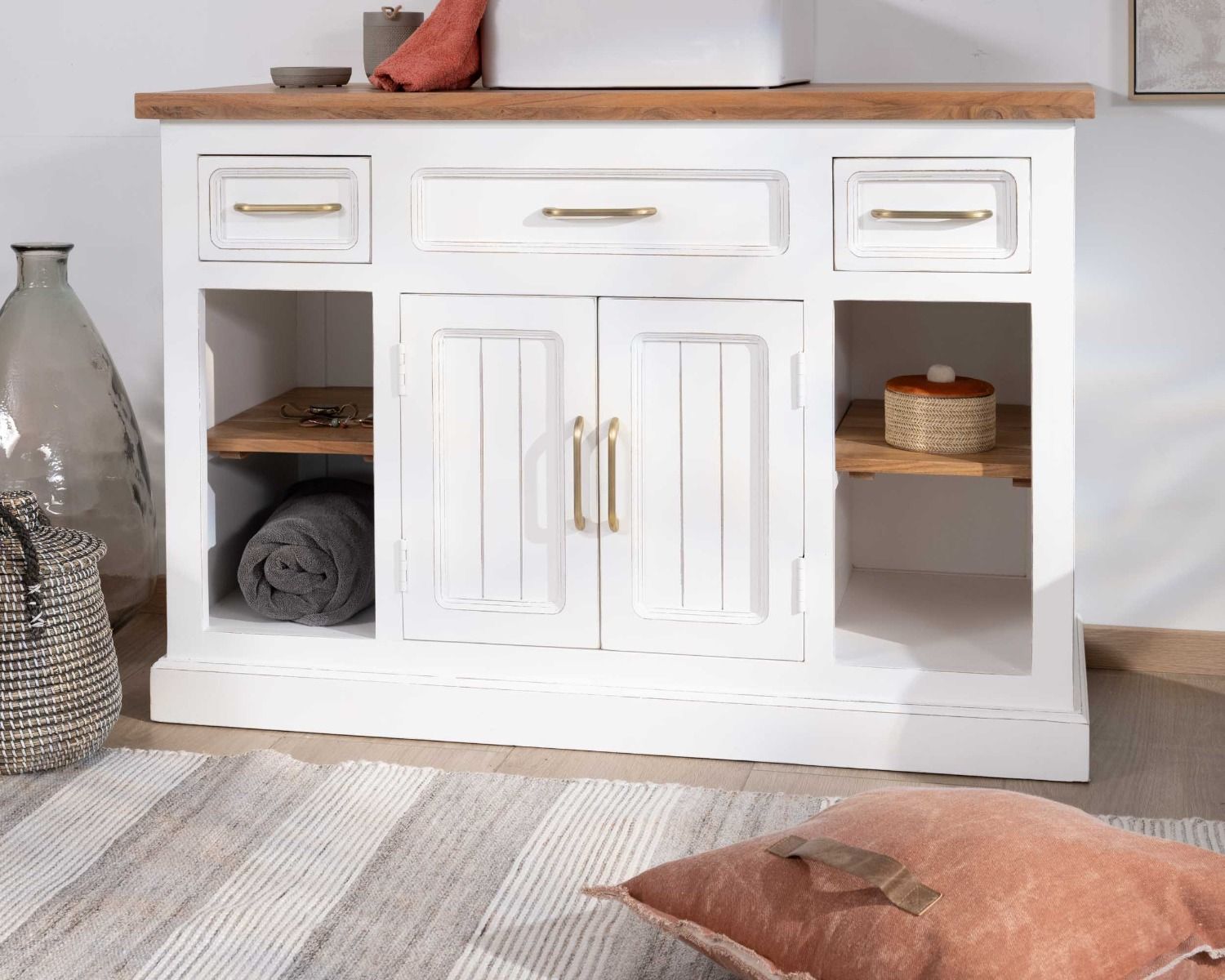 Meuble avec vasque simple en acacia blanc "Trégastel" 120 cm