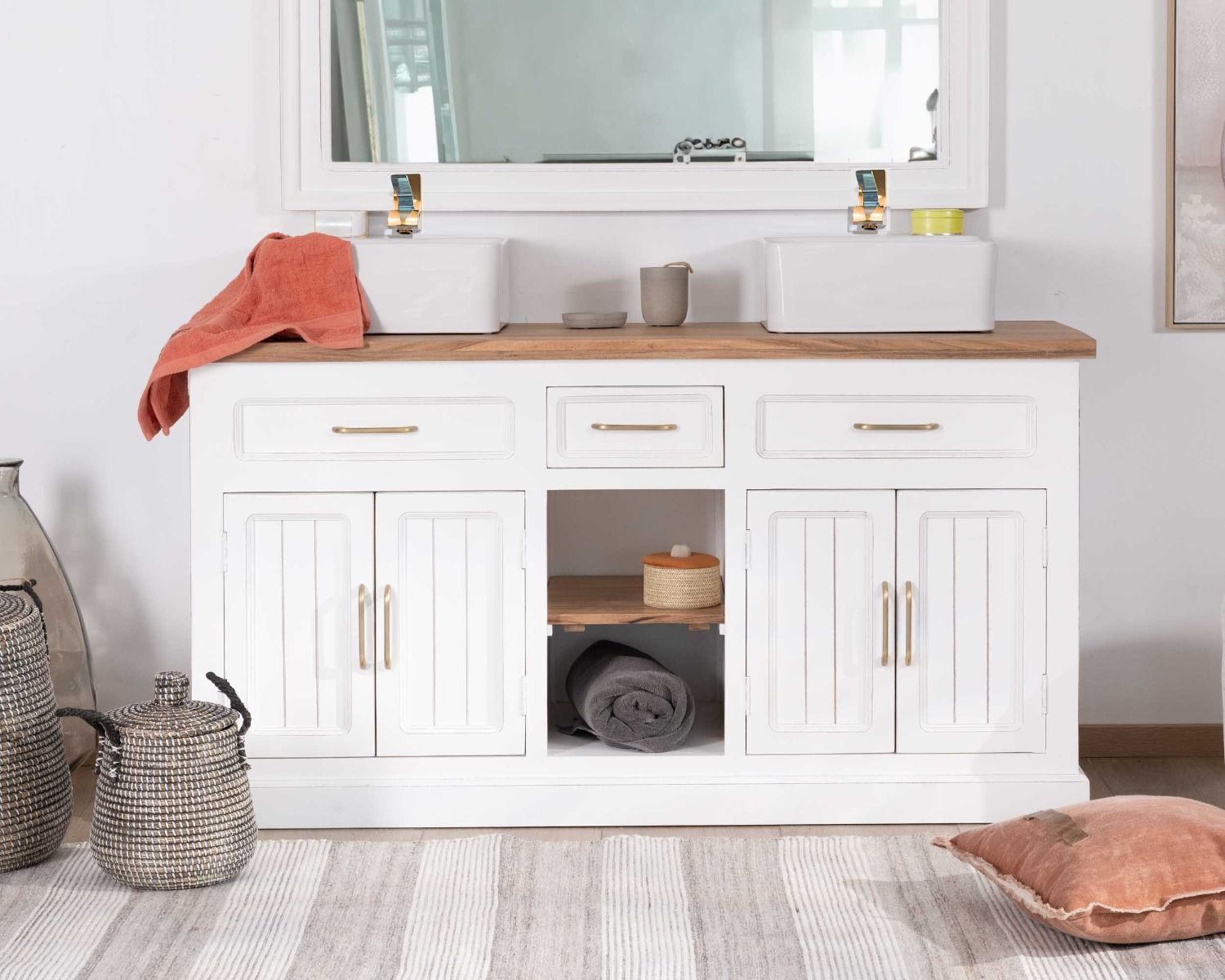 Meuble de salle bain double en acacia naturel et blanc "Trégastel"