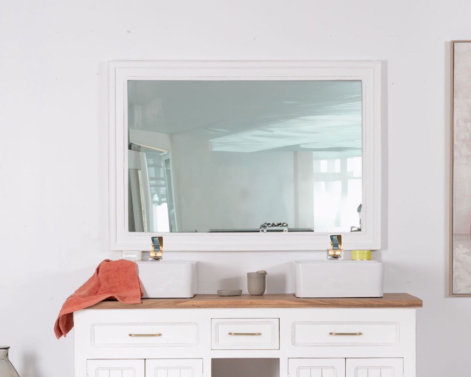 Grand miroir rectangulaire 130x90 cm cadre en acacia blanc "Trégastel"