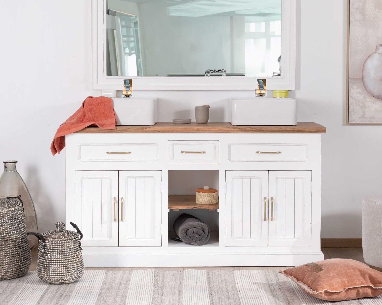 Meuble de salle bain double en acacia naturel et blanc "Trégastel"