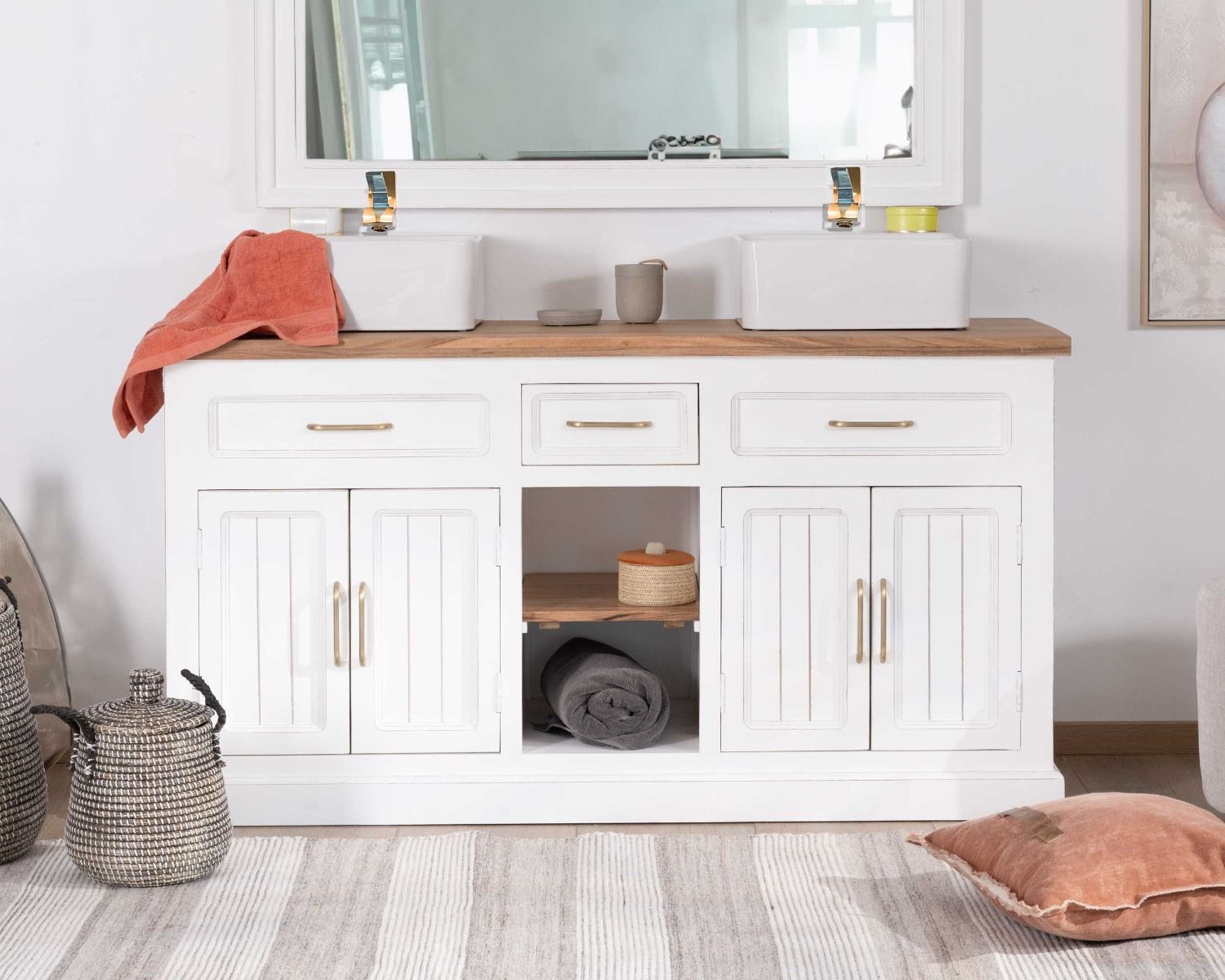 Meuble de salle bain double en acacia naturel et blanc "Trégastel"