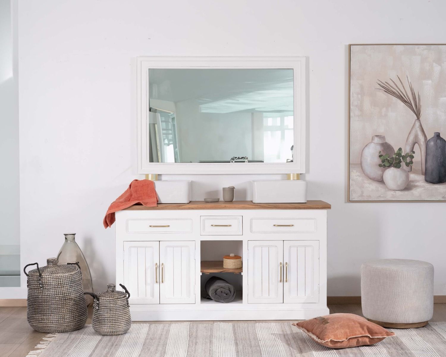 Grand miroir rectangulaire 130x90 cm cadre en acacia blanc "Trégastel"