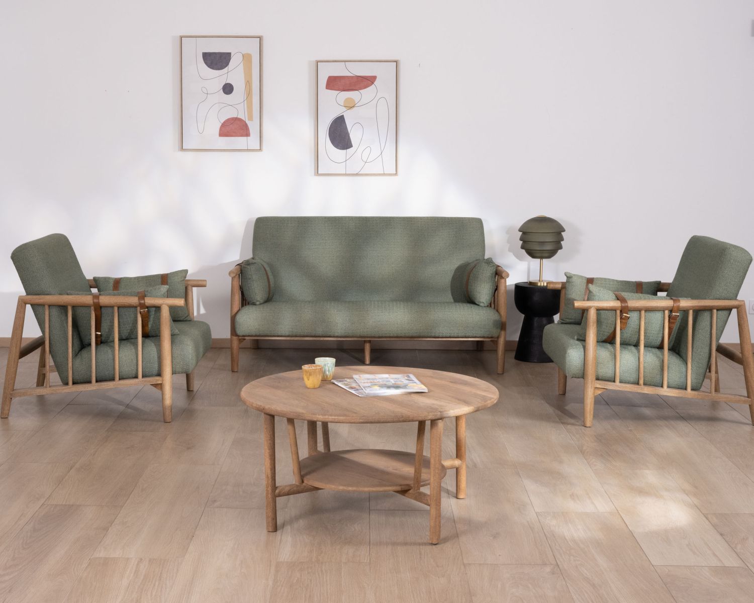 Canapé 2 places esprit ethnique en tissu gaufré kaki "Plume"