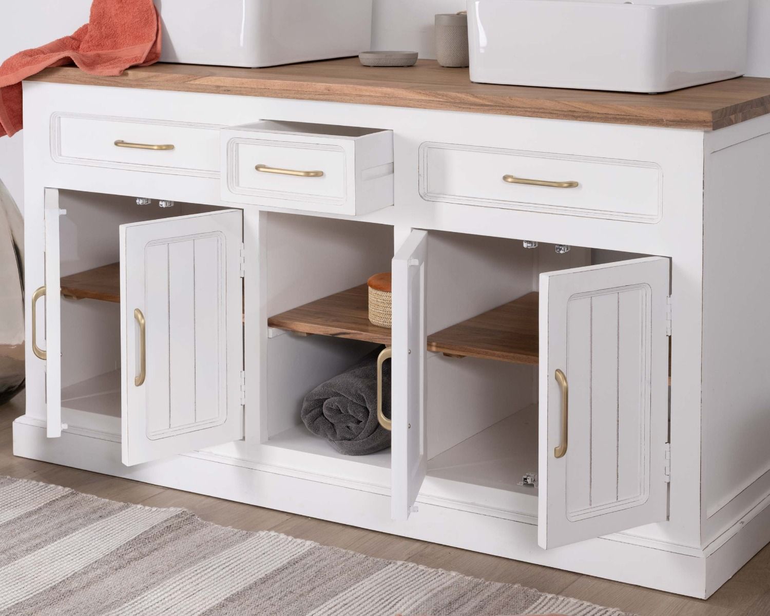 Meuble de salle bain double en acacia naturel et blanc "Trégastel"