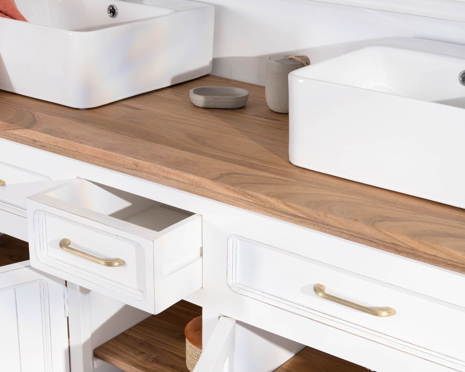 Meuble de salle bain double en acacia naturel et blanc "Trégastel"
