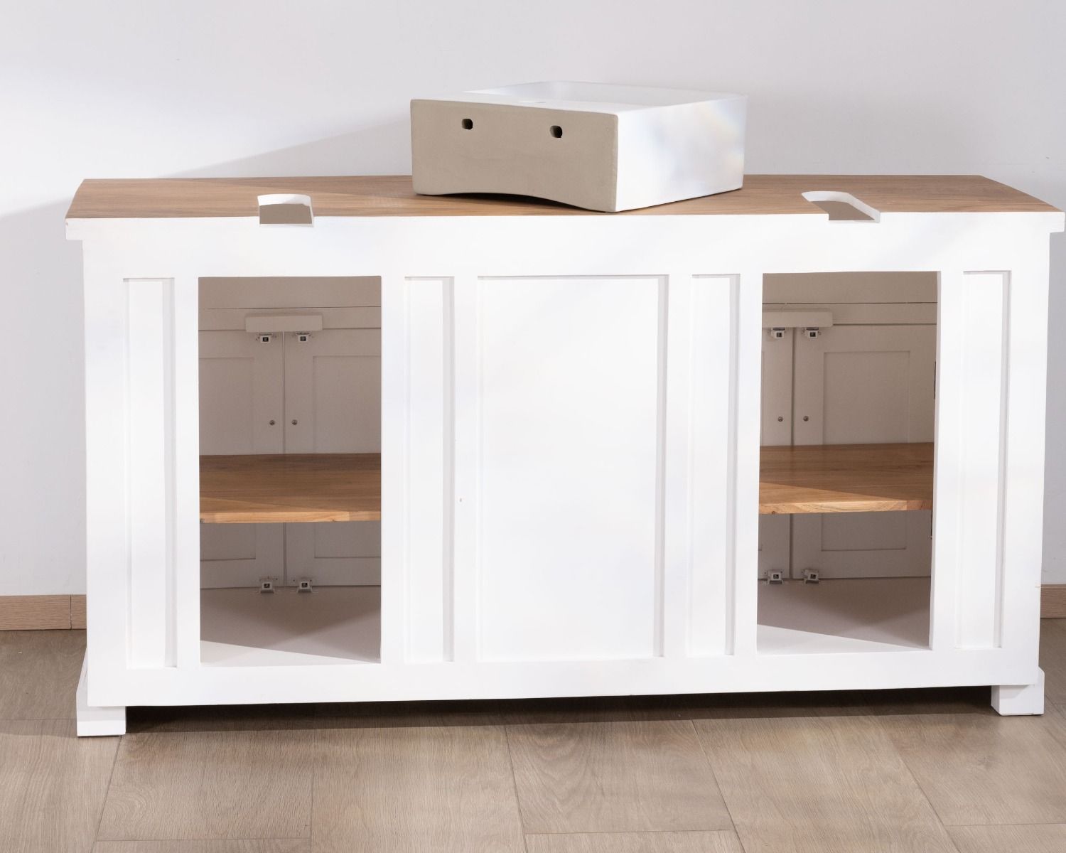Meuble de salle bain double en acacia naturel et blanc "Trégastel"