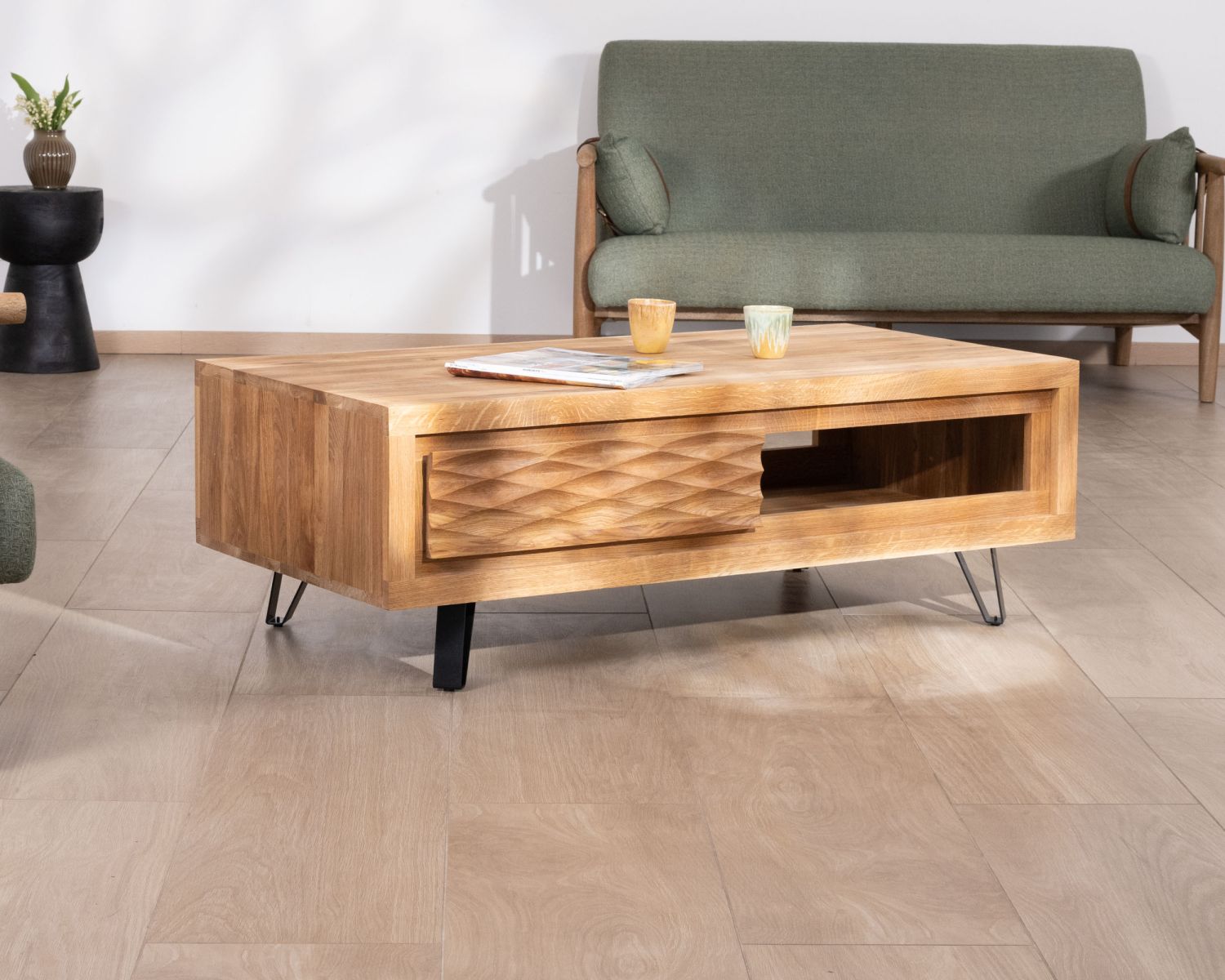Table basse esprit contemporain zen en chêne huilé 120 cm "Wave"
