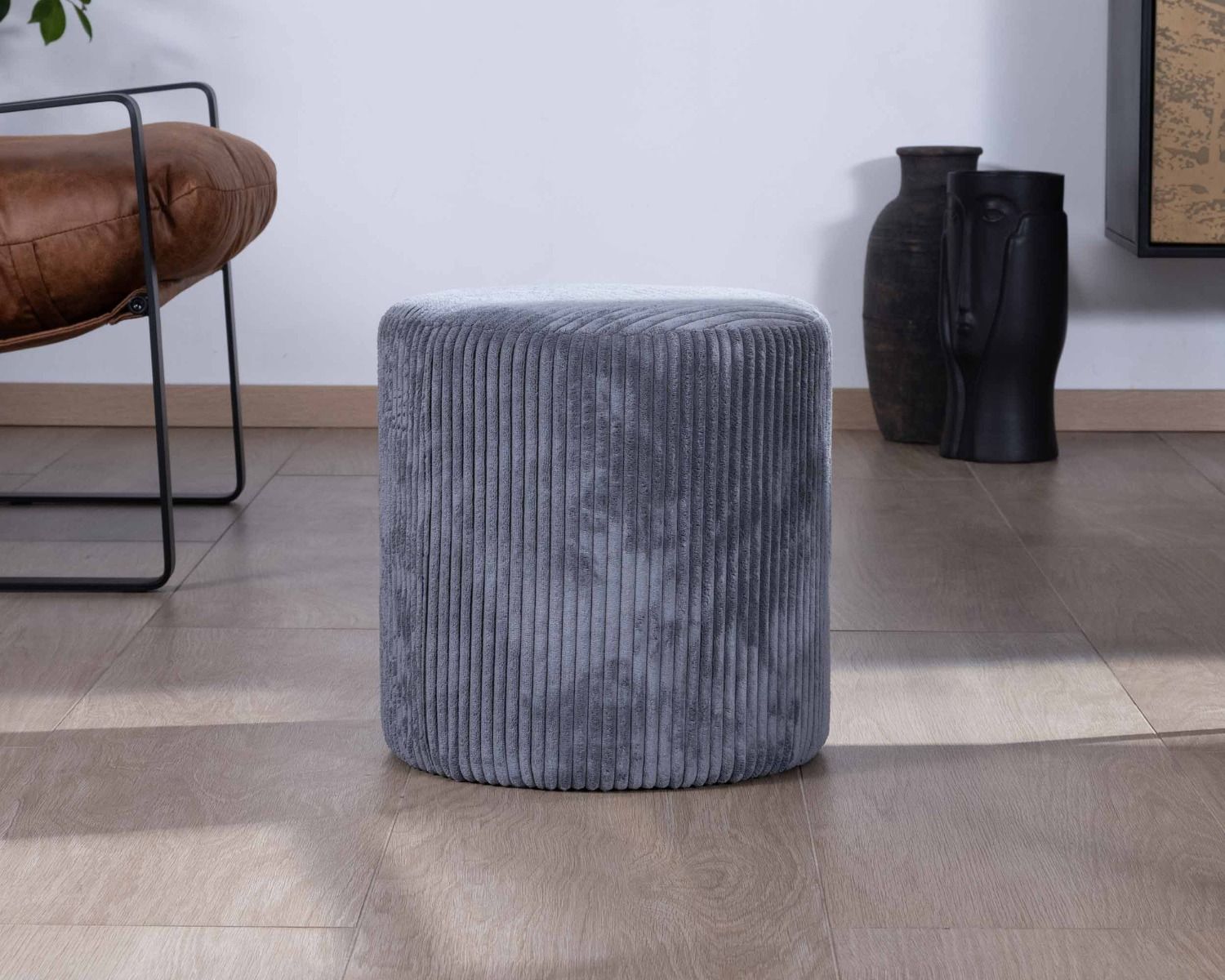 Lot de 2 poufs ronds en velours côtelé gris "Snaw" diamètre 35 cm