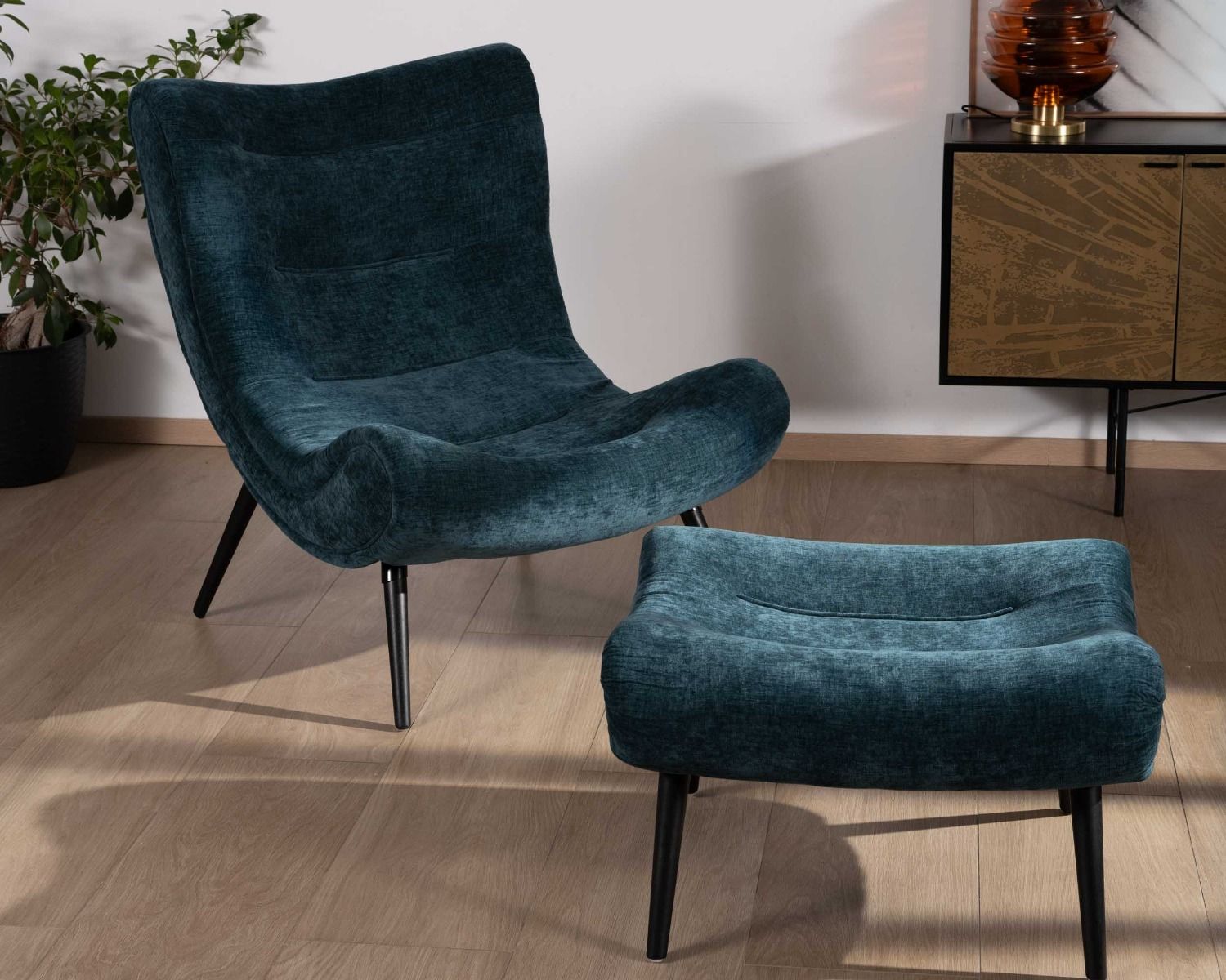 Fauteuil de relaxation avec pouf en tissu bleu pétrole "Caspe"