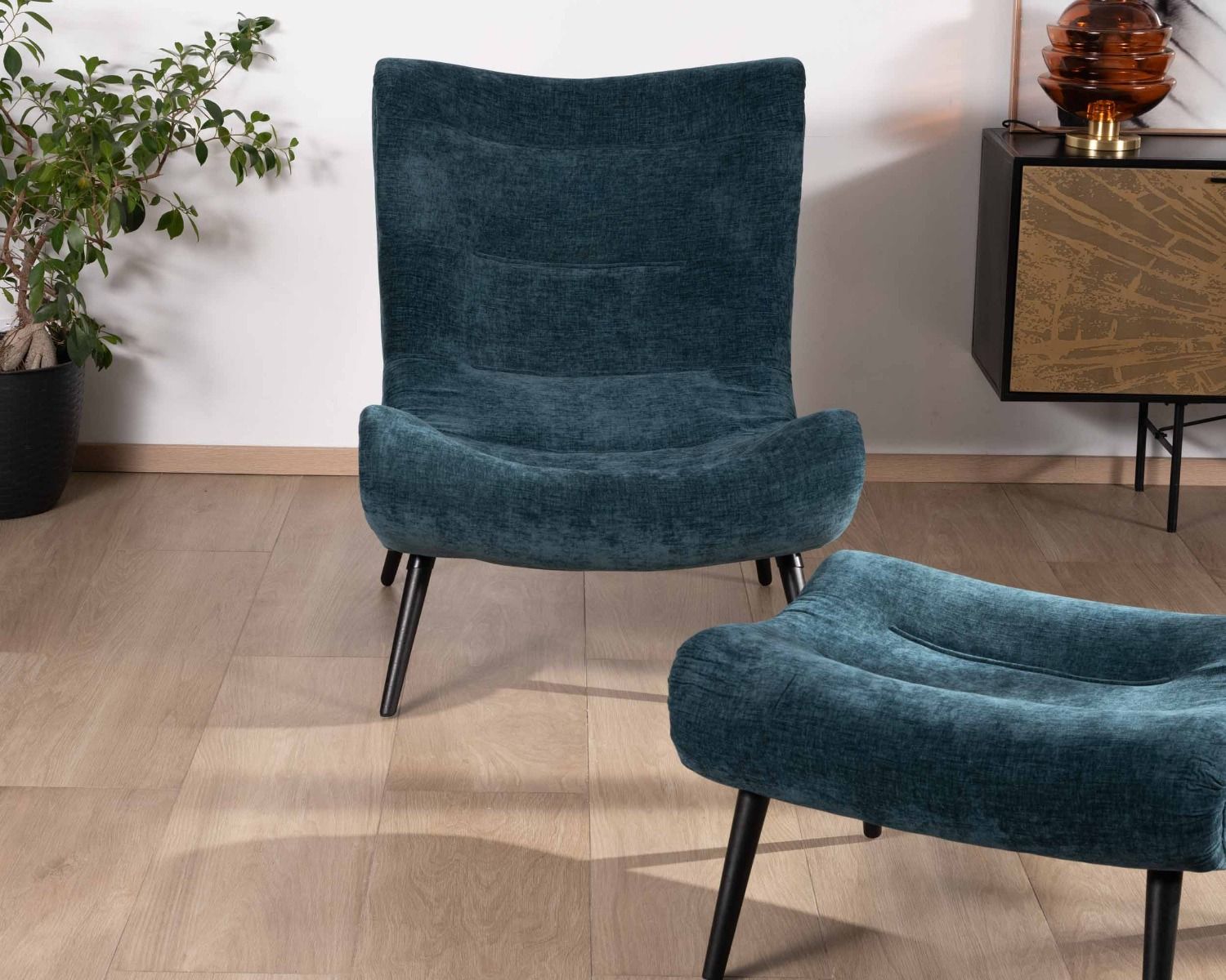 Fauteuil de relaxation avec pouf en tissu bleu pétrole "Caspe"