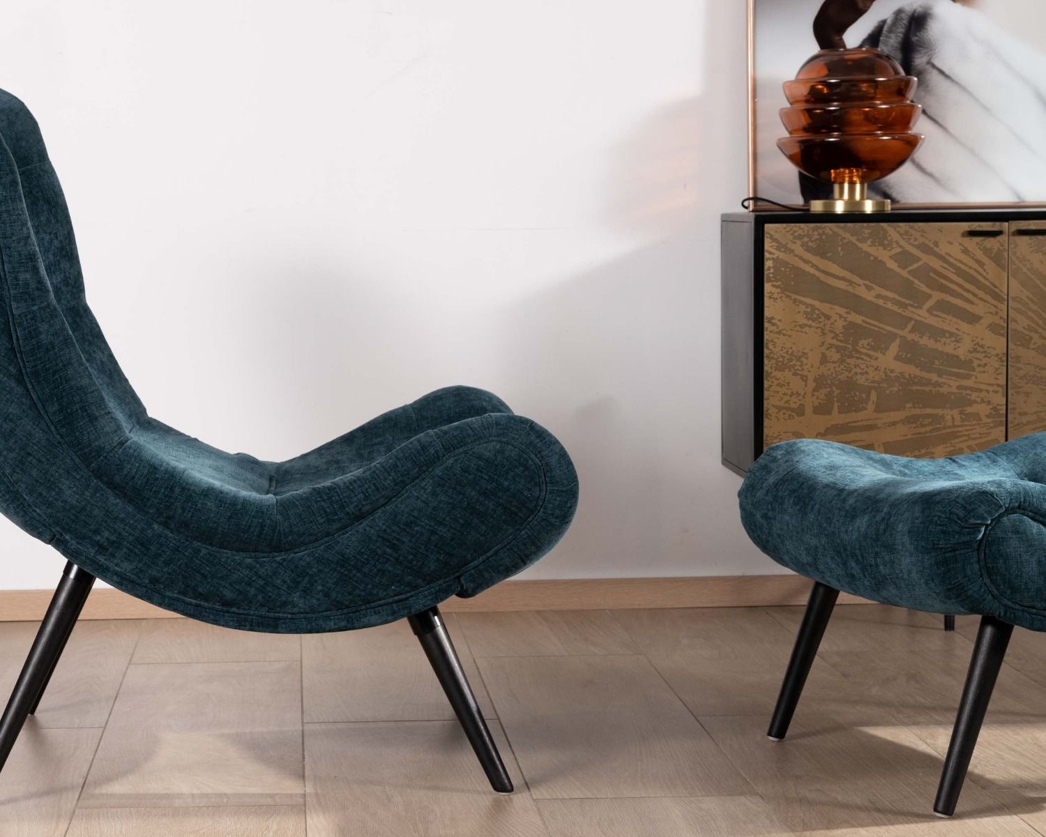 Fauteuil de relaxation avec pouf en tissu bleu pétrole "Caspe"