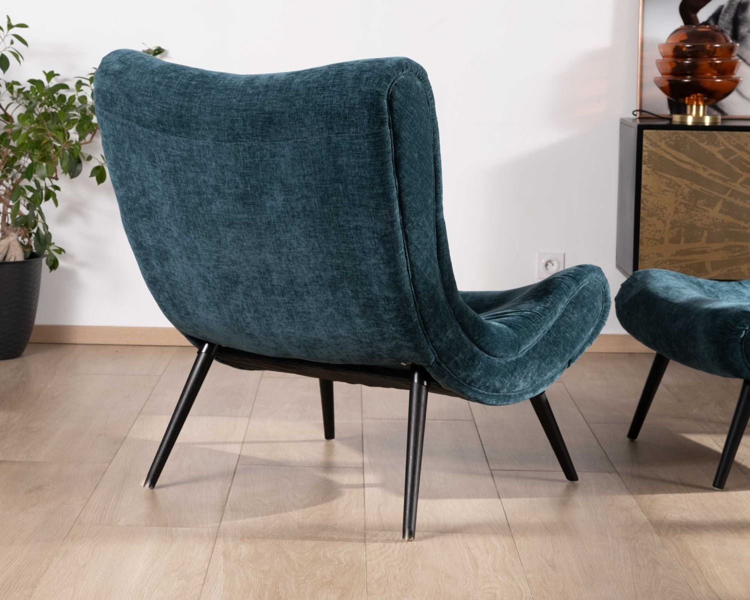 Fauteuil de relaxation avec pouf en tissu bleu pétrole "Caspe"