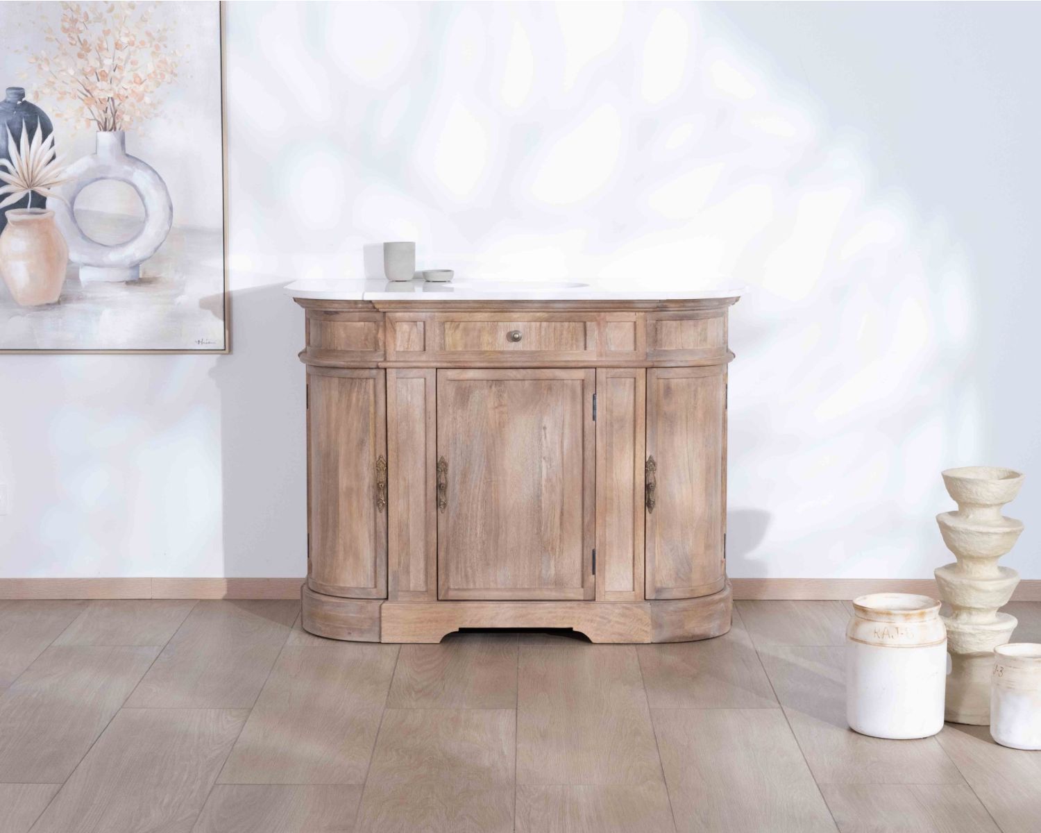 Meuble salle de bain 1 vasque manguier massif quartz blanc "Églantine"